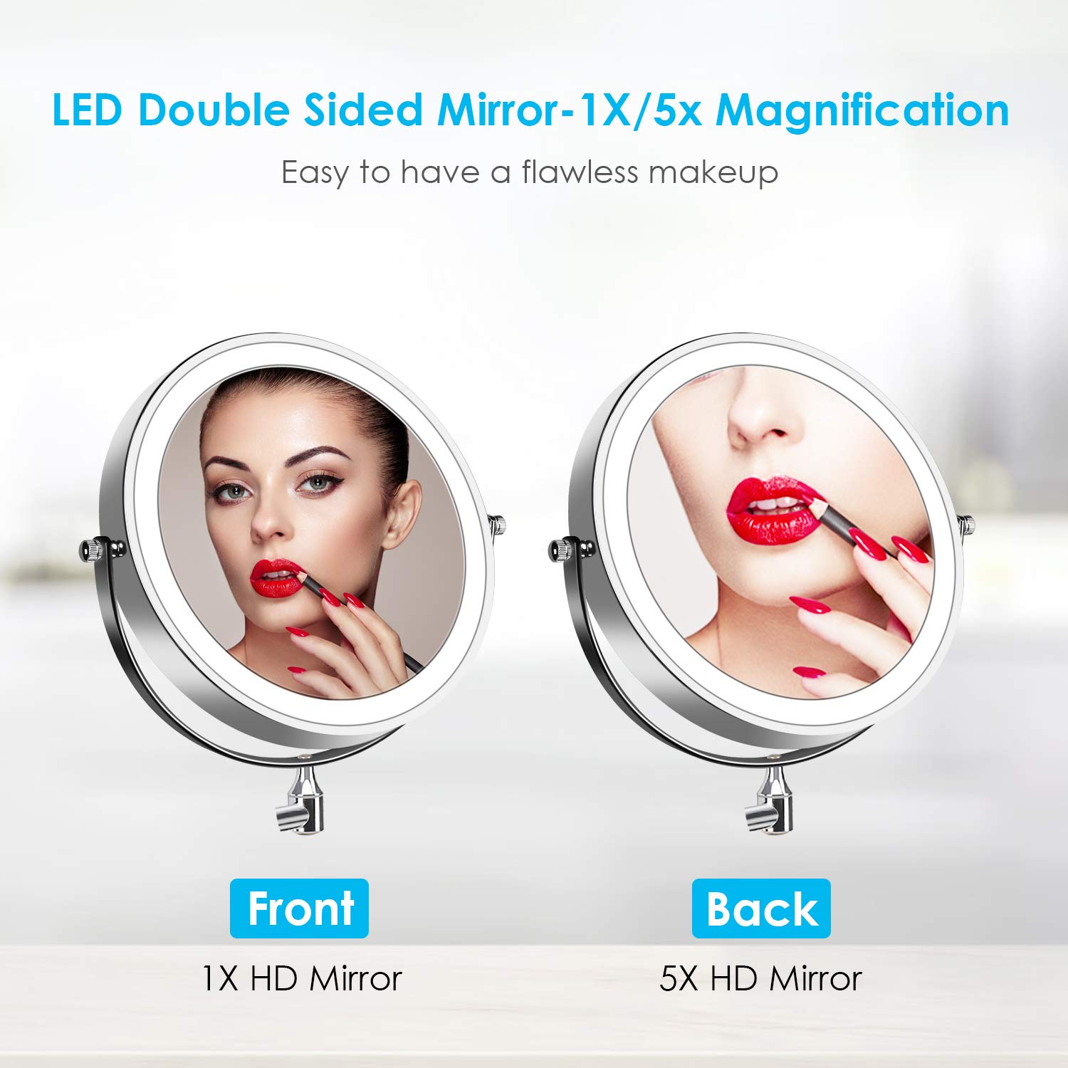 ALVOROG Wall Mounted Makeup Mirror LED Lighted Double Sided 5X Magnification 360° Swivel Extendable Cosmetic Vanity Mirror for Bathroom Hotels, Powered by Batteries (Not Included)-7 inches