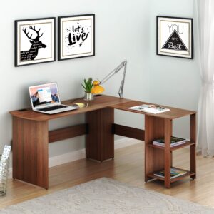 shw l-shaped home office wood corner desk, walnut