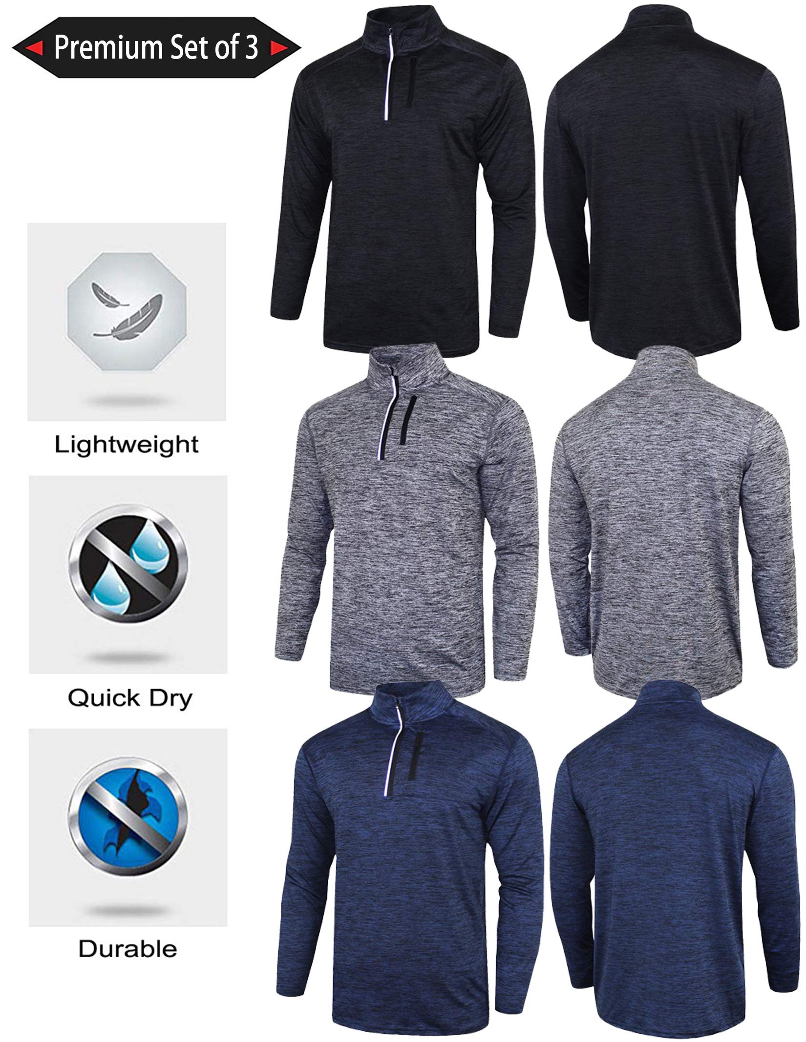 3 Pack: Men's Quarter 1/4 Zip Pullover Long Sleeve Workout Jackets, Athletic Dry Fit Running Shirts (Set 1, Small)