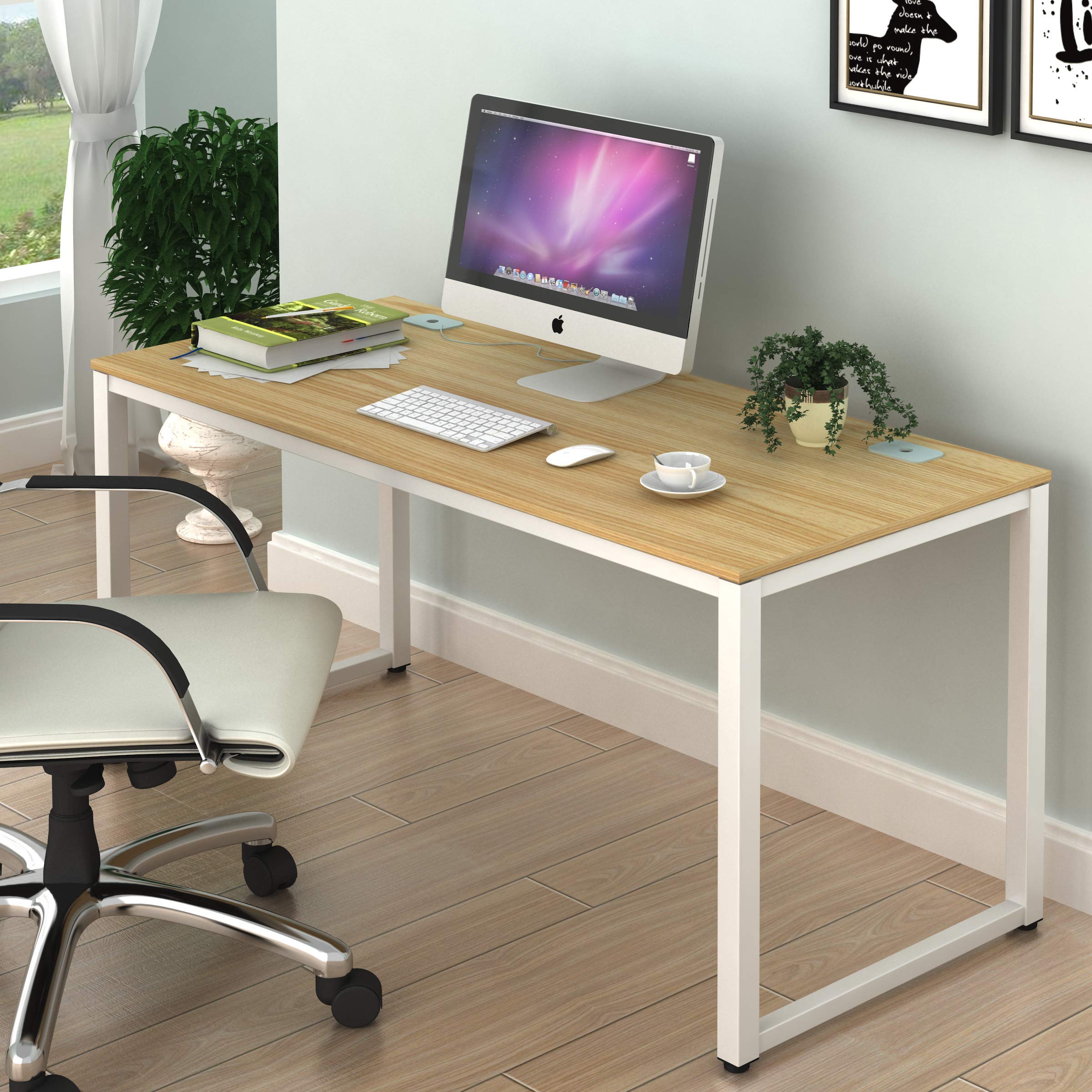 SHW Home Office 55-Inch Large Computer Desk, 24" Deep, White Frame with Oak Top