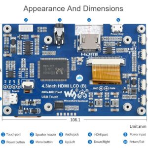 4.3inch HDMI LCD (B), IPS Screen HDMI Interface 4.3 inch 800x480 Capacitive Touch Screen Supports Multi Mini-PC Systems Raspberry Pi BB Black Banana Pi Raspbian Ubuntu Windows 10 8 7 @XYGStudy