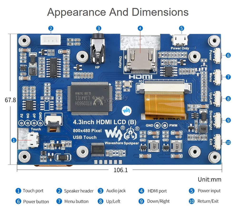 4.3inch HDMI LCD (B), IPS Screen HDMI Interface 4.3 inch 800x480 Capacitive Touch Screen Supports Multi Mini-PC Systems Raspberry Pi BB Black Banana Pi Raspbian Ubuntu Windows 10 8 7 @XYGStudy