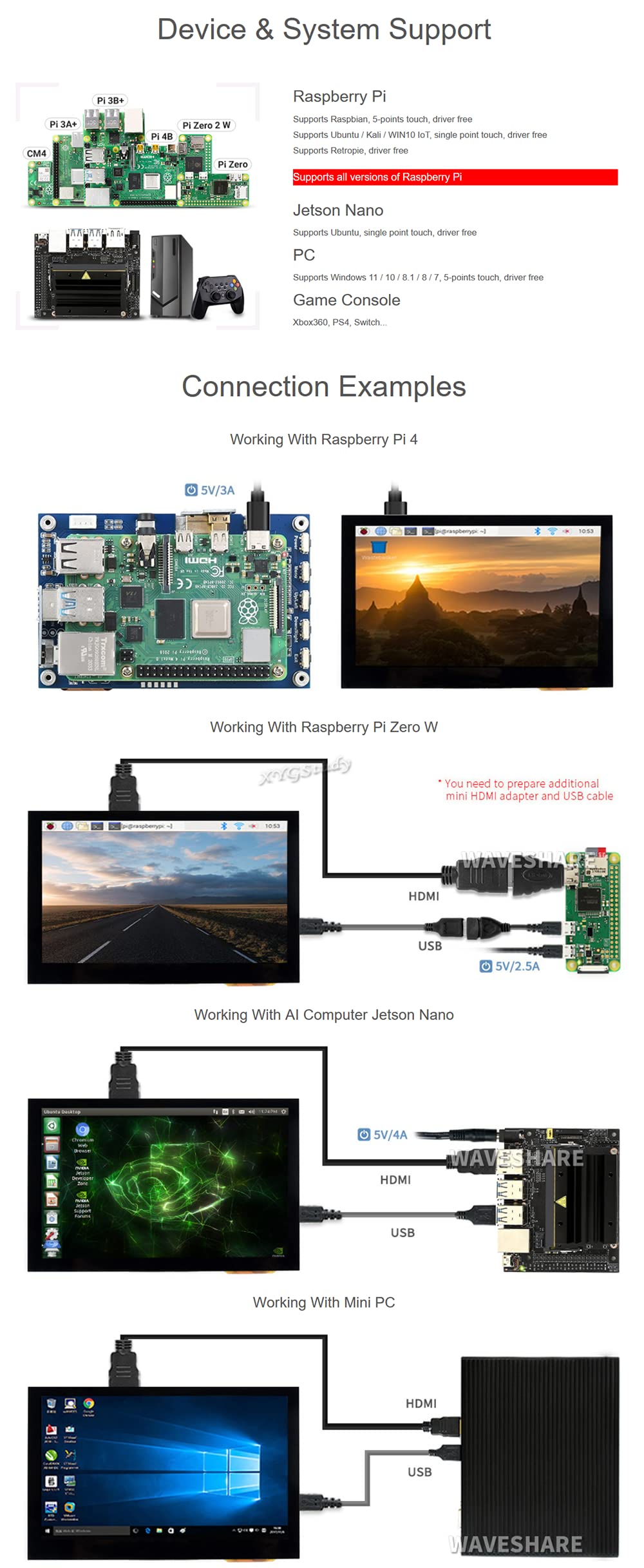 4.3inch HDMI LCD (B), IPS Screen HDMI Interface 4.3 inch 800x480 Capacitive Touch Screen Supports Multi Mini-PC Systems Raspberry Pi BB Black Banana Pi Raspbian Ubuntu Windows 10 8 7 @XYGStudy