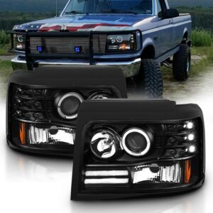 amerilite led halo bar projector replacement halogen car headlights set for ford f-150/f250/f350/bronco - passenger right and driver left side, vehicle light assembly, black