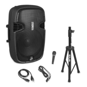 pyle wireless portable pa speaker system - 1500w high powered bluetooth compatible active outdoor sound speakers w/usb sd mp3 rca - 35mm mount, stand, microphone, power cable - pyle pphp155st