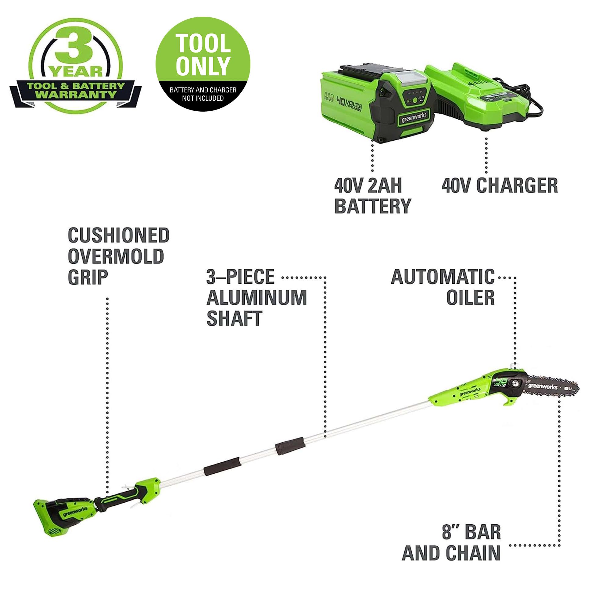 Greenworks 40V 8 inch Cordless Pole Saw Battery and Charger Not Included, PS40B00