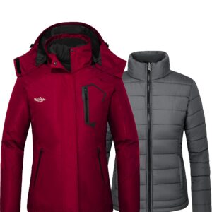 wantdo Women's 3 in 1 Ski Jacket Puffer Liner Insulated Hiking Coat Red X-large