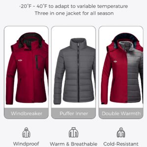 wantdo Women's 3 in 1 Ski Jacket Puffer Liner Insulated Hiking Coat Red X-large