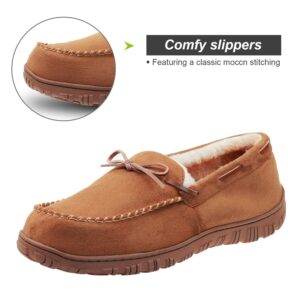 LA PLAGE Mens Slippers Moccasin Memory Foam Warm Plush House Slippers, Indoor Outdoor Comfortable Winter House Shoes 12 US Brown