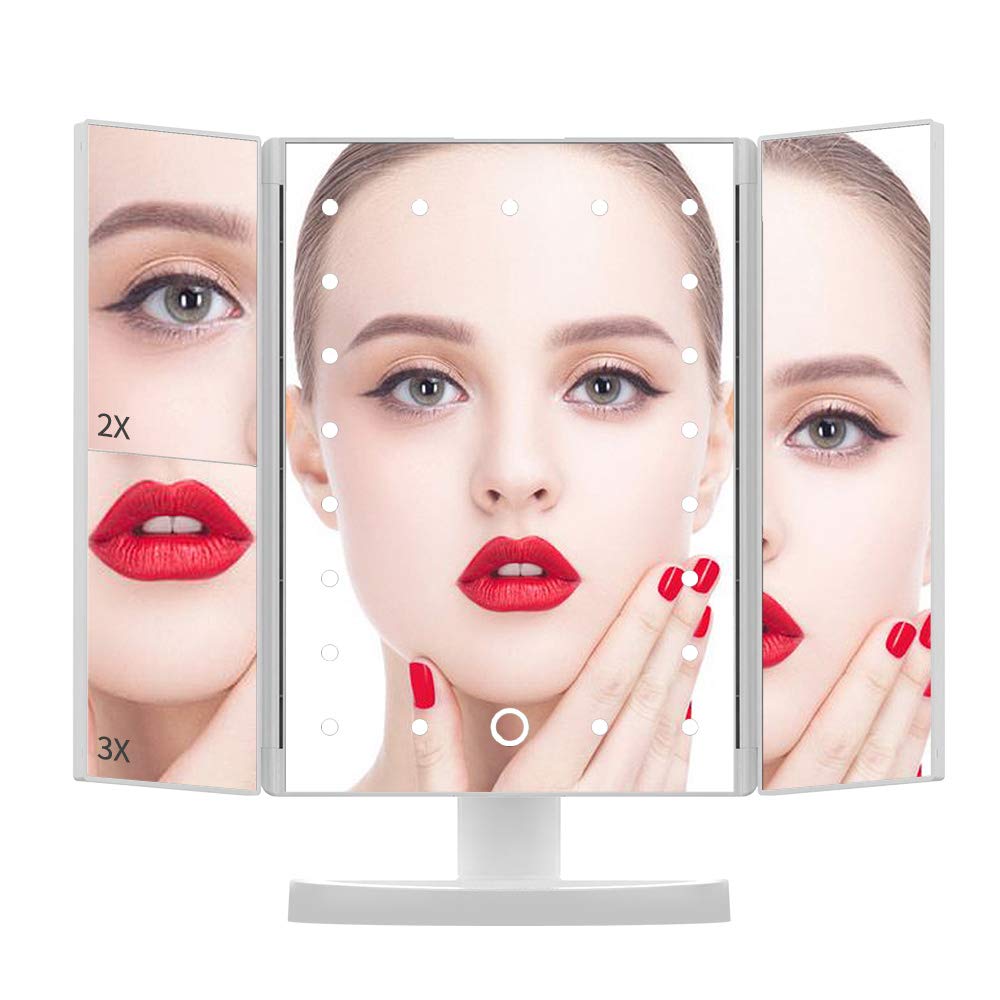 DIOZO Makeup Mirror with Lights, Makeup 21 LED Vanity Mirror, Lighted Up Mirror with Touch Screen Switch, 180 Degree Rotation, Dual Power Supply, Portable White Trifold Mirror