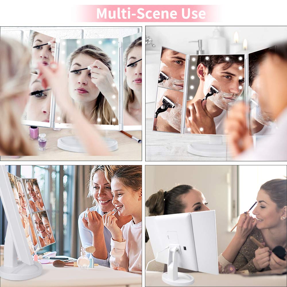 DIOZO Makeup Mirror with Lights, Makeup 21 LED Vanity Mirror, Lighted Up Mirror with Touch Screen Switch, 180 Degree Rotation, Dual Power Supply, Portable White Trifold Mirror