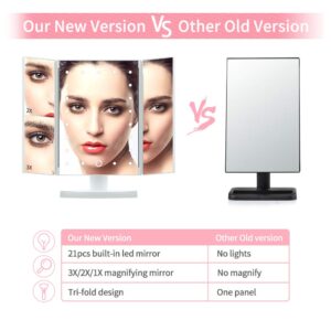 DIOZO Makeup Mirror with Lights, Makeup 21 LED Vanity Mirror, Lighted Up Mirror with Touch Screen Switch, 180 Degree Rotation, Dual Power Supply, Portable White Trifold Mirror