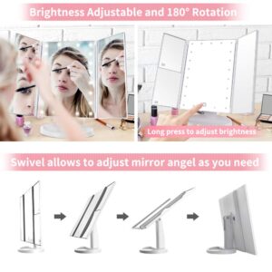 DIOZO Makeup Mirror with Lights, Makeup 21 LED Vanity Mirror, Lighted Up Mirror with Touch Screen Switch, 180 Degree Rotation, Dual Power Supply, Portable White Trifold Mirror