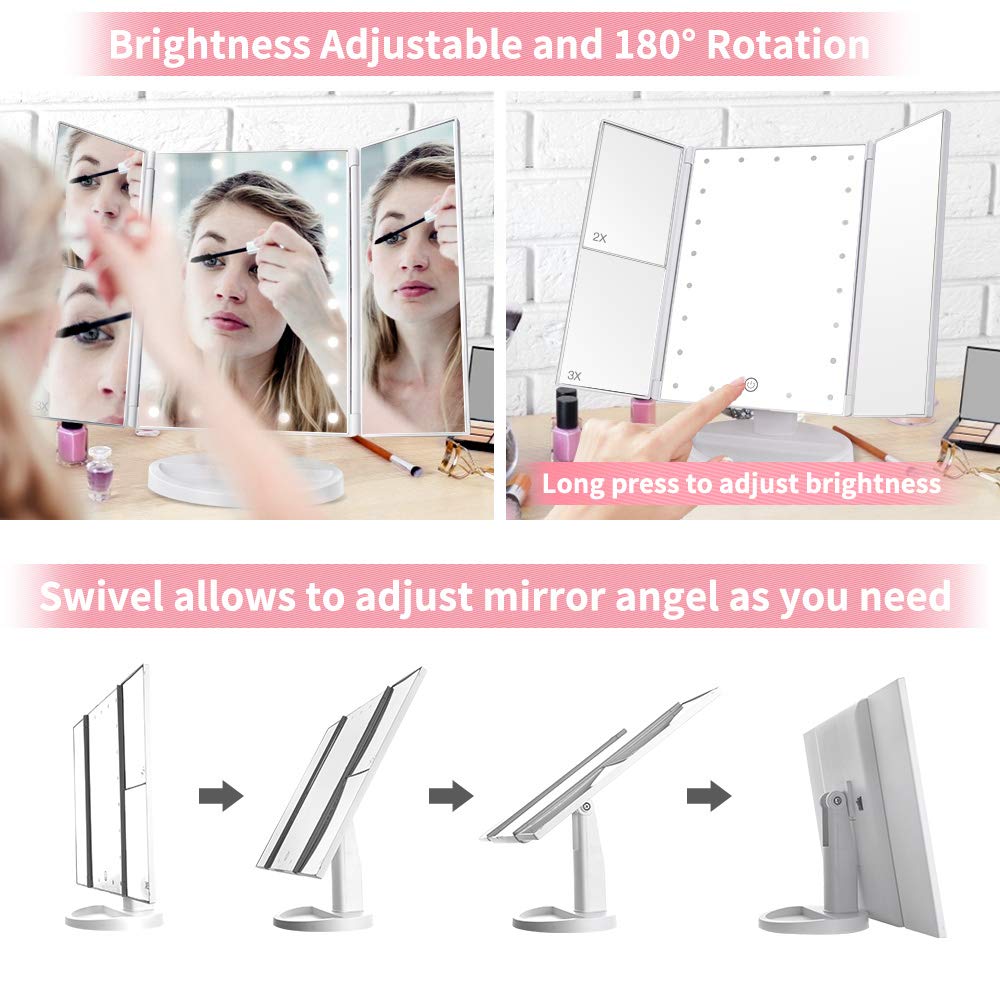 DIOZO Makeup Mirror with Lights, Makeup 21 LED Vanity Mirror, Lighted Up Mirror with Touch Screen Switch, 180 Degree Rotation, Dual Power Supply, Portable White Trifold Mirror