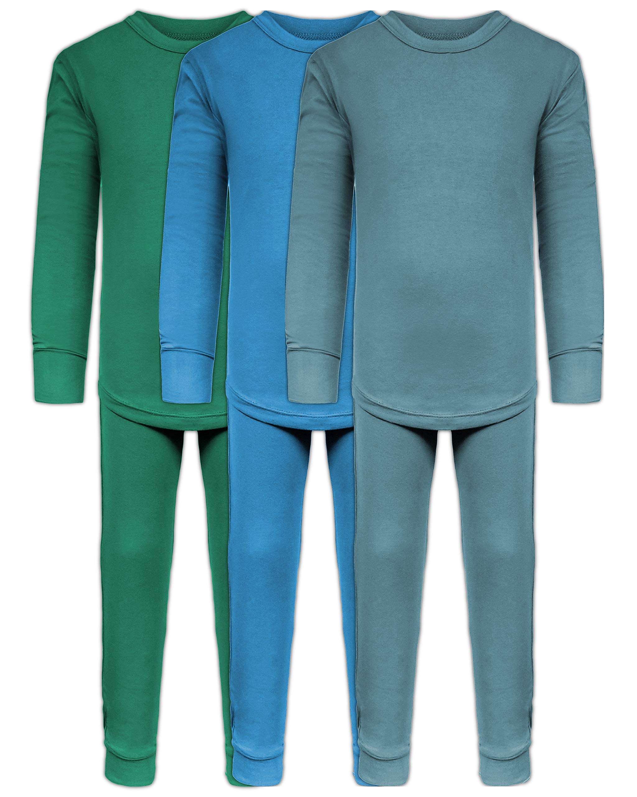 Andrew Scott Boys Long John Ultra-Soft Cotton Stretch Base Layer Underwear Sets / 3 Long Sleeve Tops + 3 Long Pants - 6 Piece Mix & Match (3 Sets / 6 Pc - Evergreen/Blue/Arctic, 5/6)