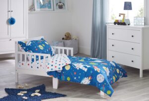 bloomsbury mill - 4 piece toddler comforter set - outer space, rocket & planet - blue - kids bedding set