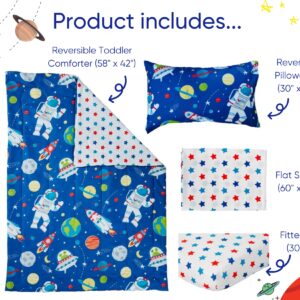 Bloomsbury Mill - 4 Piece Toddler Comforter Set - Outer Space, Rocket & Planet - Blue - Kids Bedding Set