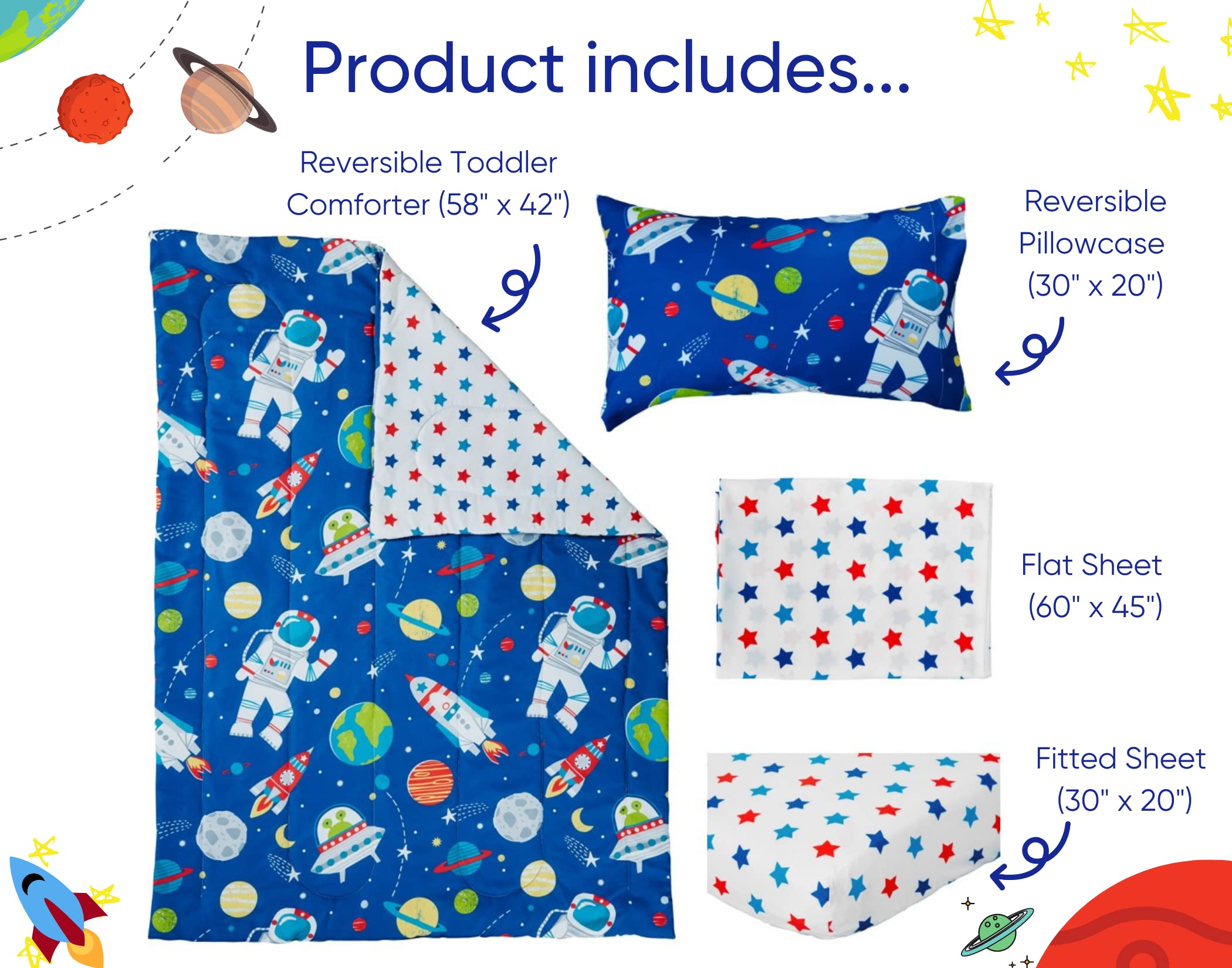 Bloomsbury Mill - 4 Piece Toddler Comforter Set - Outer Space, Rocket & Planet - Blue - Kids Bedding Set