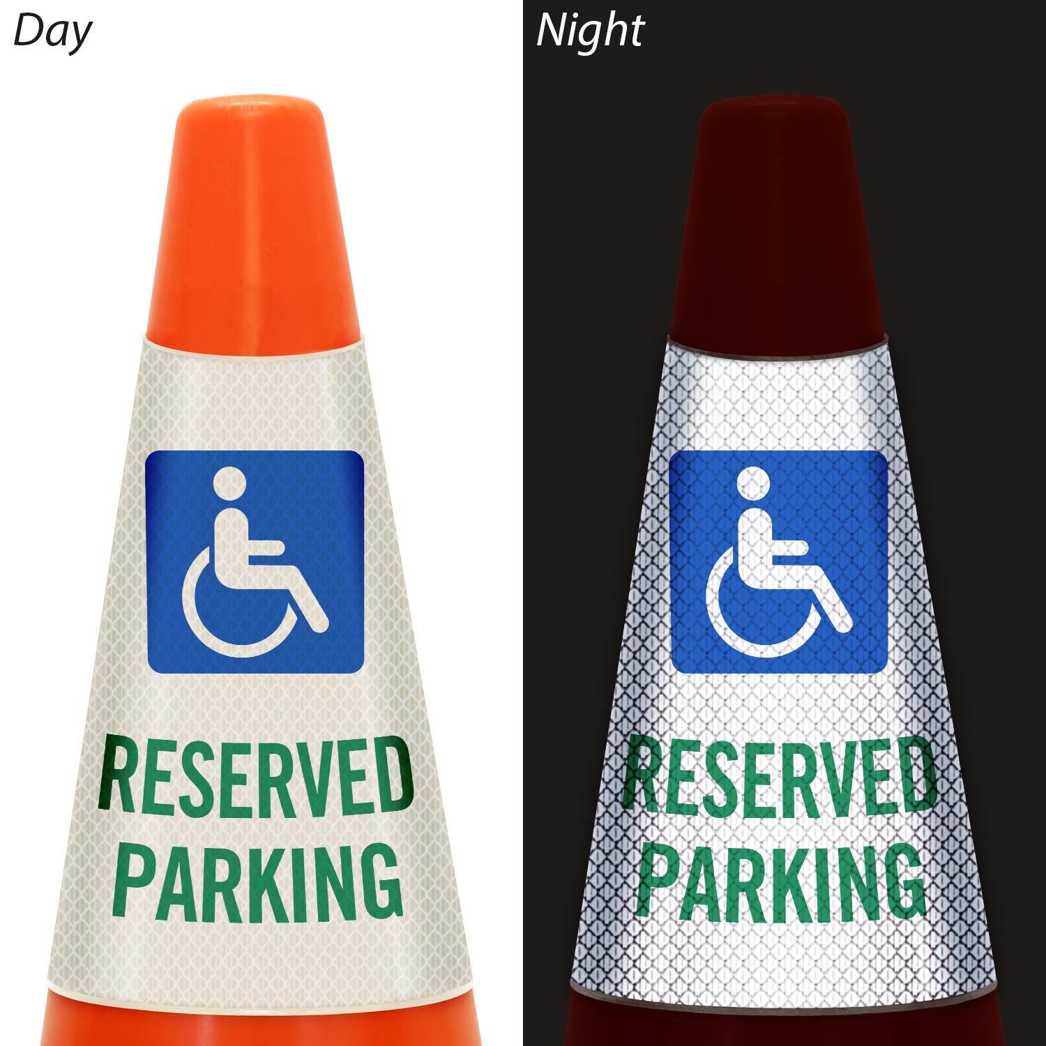 SmartSign “Reserved Parking with Handicapped Symbol” Bright Reflective Cone Message Sleeve, [Cone Not Included]