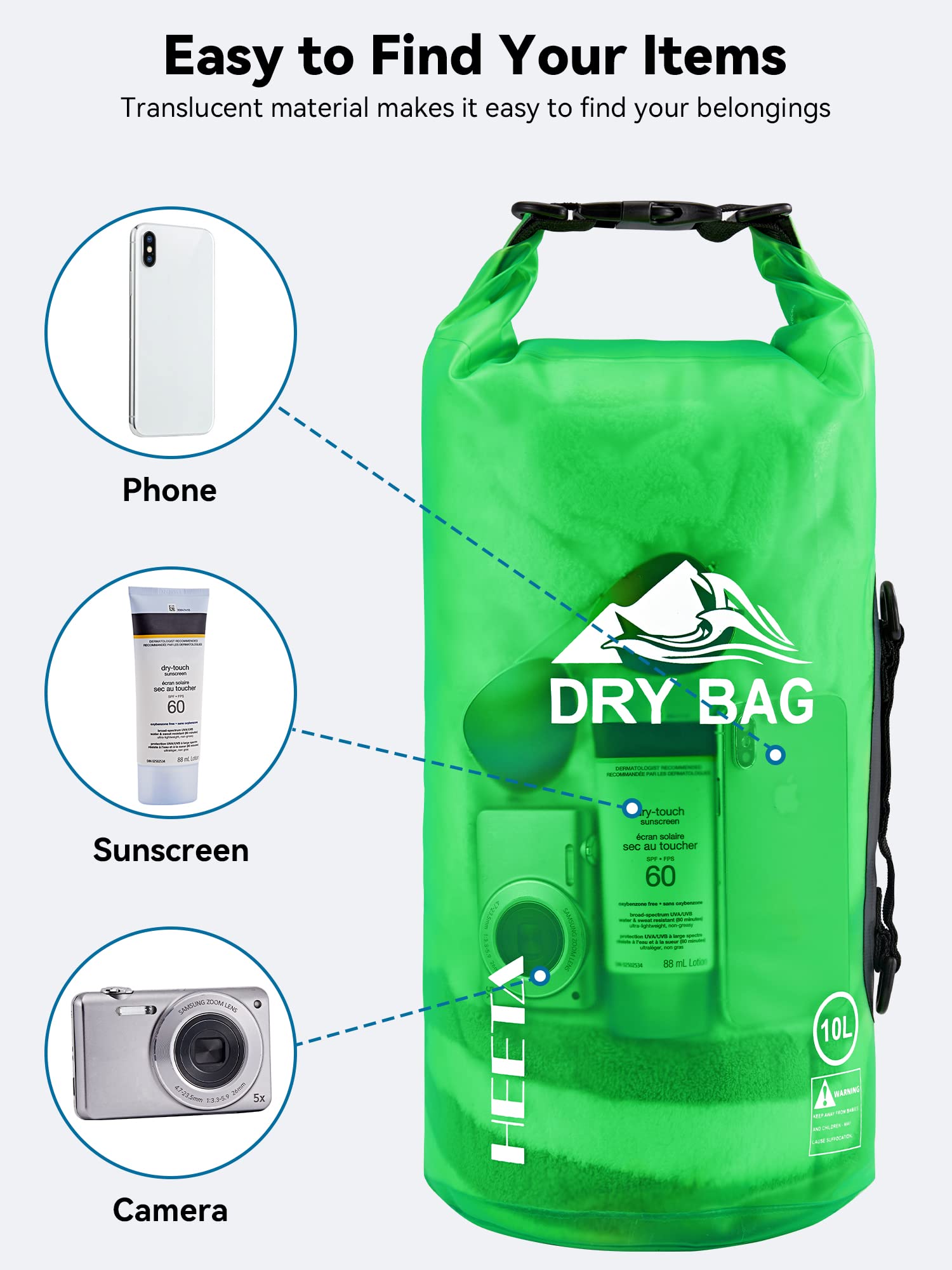 HEETA Waterproof Dry Bag for Women Men, Roll Top Lightweight Dry Storage Bag Backpack with Phone Case for Travel, Swimming, Boating, Kayaking, Camping and Beach, Transparent Green 20L