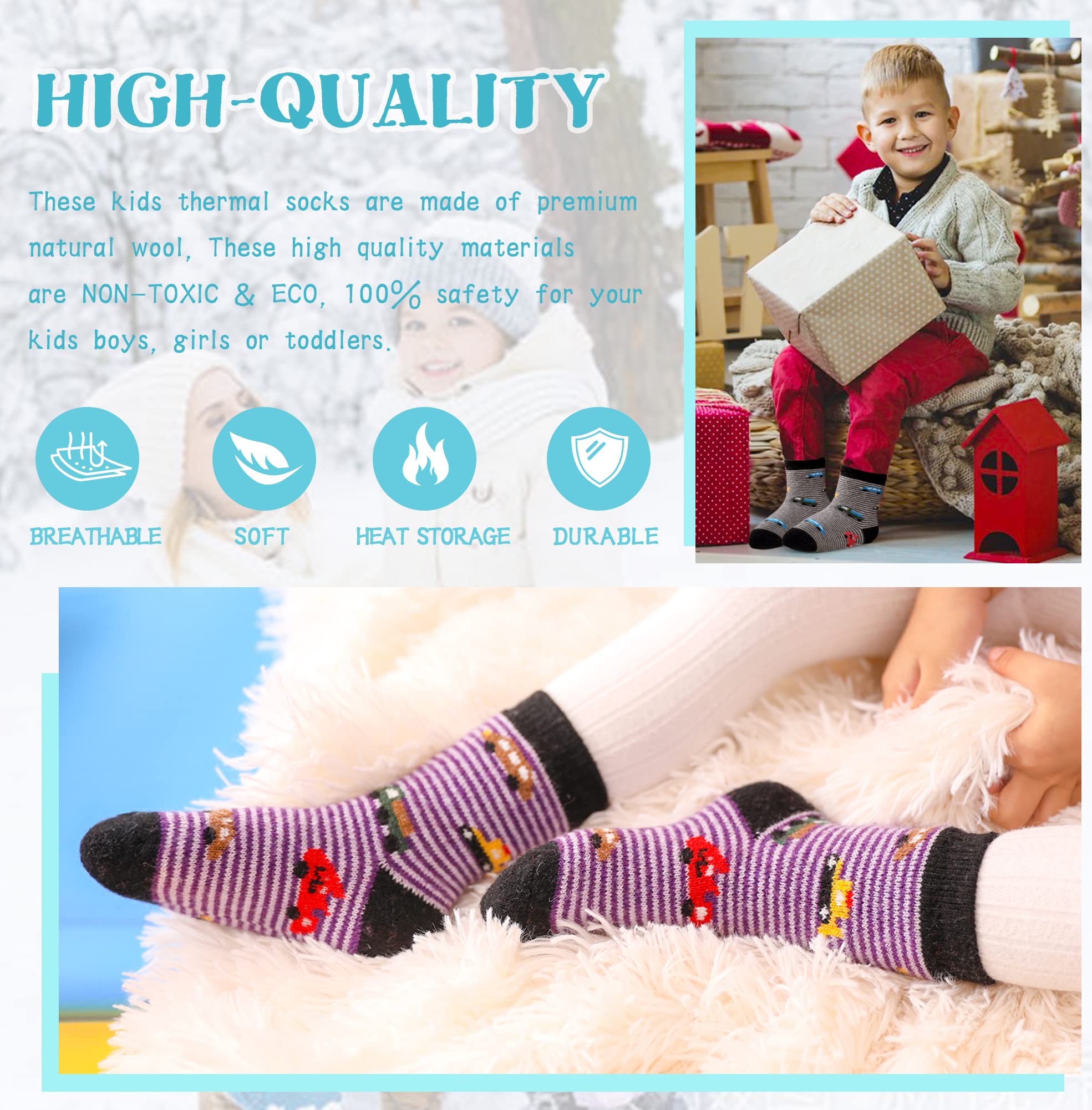 Eocom 6 Pairs Children's Winter Warm Wool Socks Kids Toddlers Boys Girls Thermal Thick Boot Cozy Crew Socks (8-12 Years, Cartoon Car)