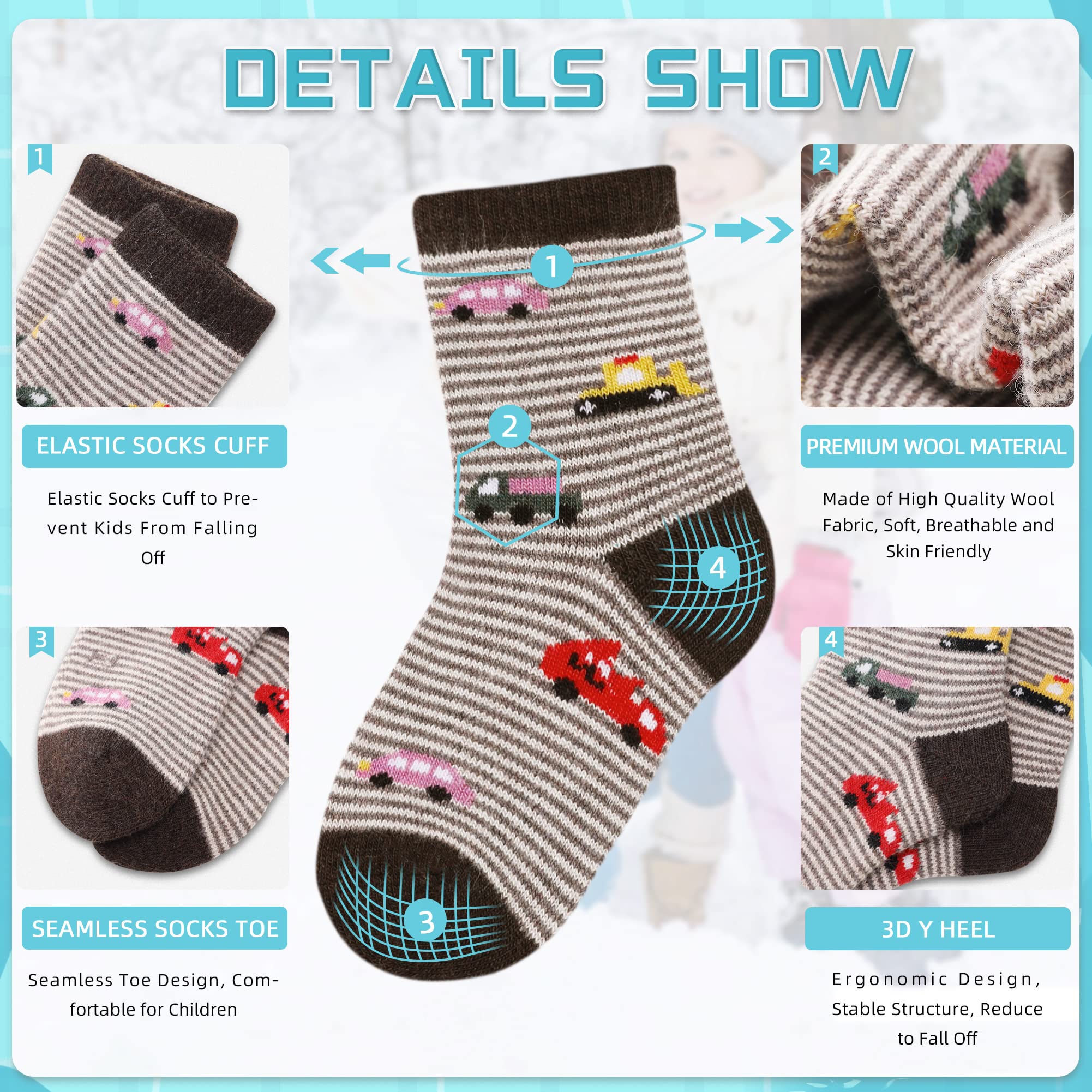 Eocom 6 Pairs Children's Winter Warm Wool Socks Kids Toddlers Boys Girls Thermal Thick Boot Cozy Crew Socks (8-12 Years, Cartoon Car)