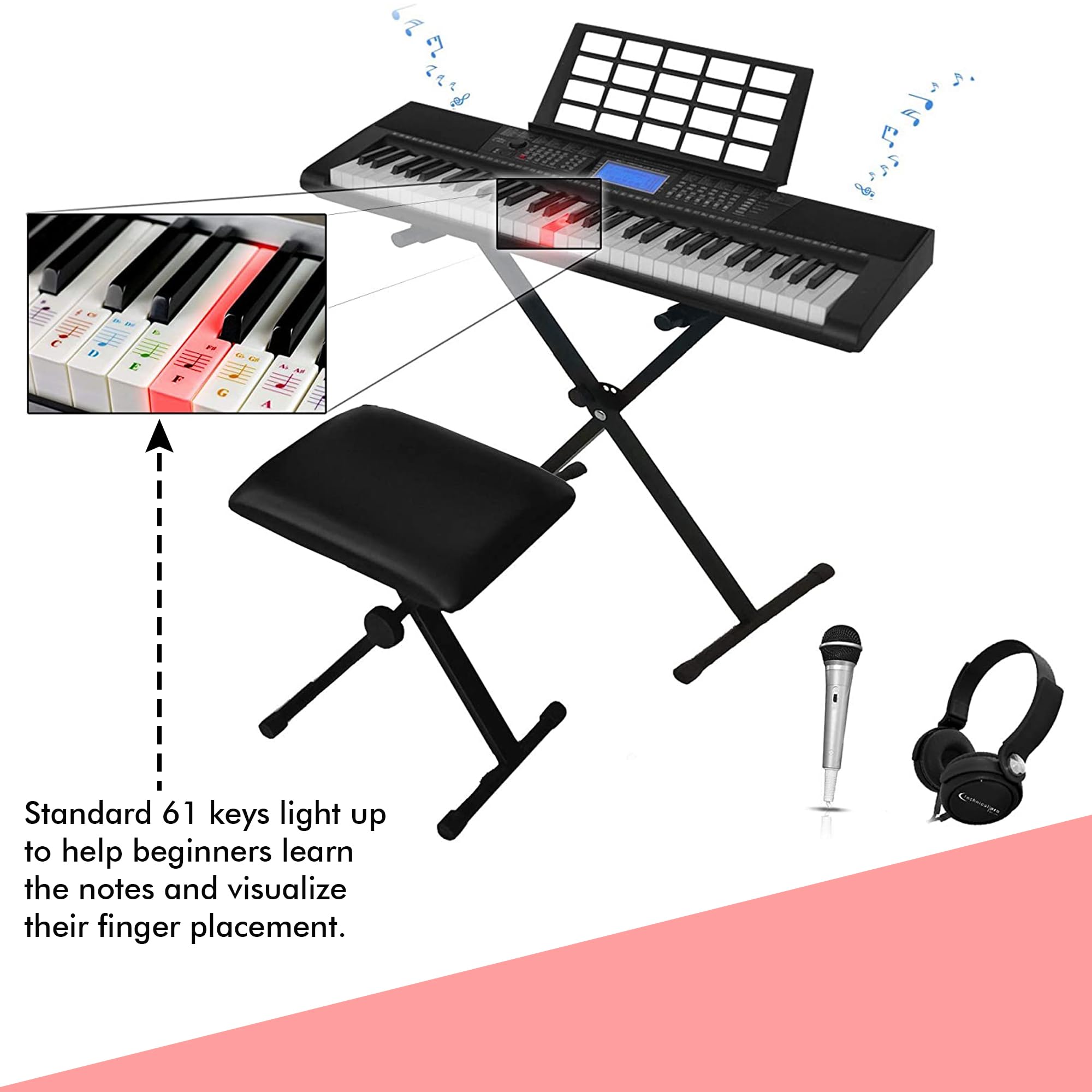 Technical Pro 61 Keys Electric Piano Learning Keyboard Bundle with Seat, Stand and Mic, 3x Learning Mode, Built In Speaker Headphone, LCD Display, LED Lights, Seat/Stand Included, USB, Wired Mic