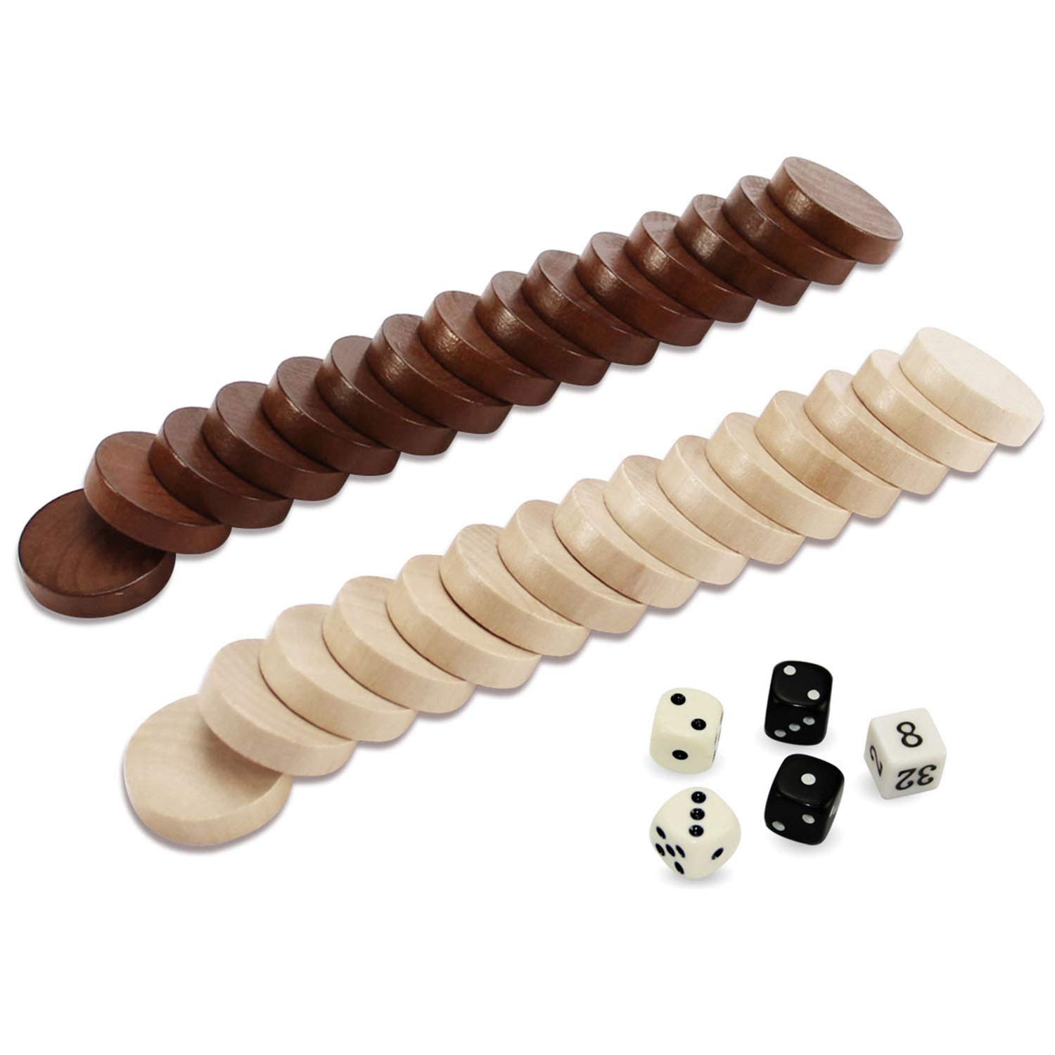 ASNEY Wooden Backgammon Pieces, Solid Wood Checker Pieces Set Board Game Table Chips and 5 Dices, Includes Storage Bag (1.34")