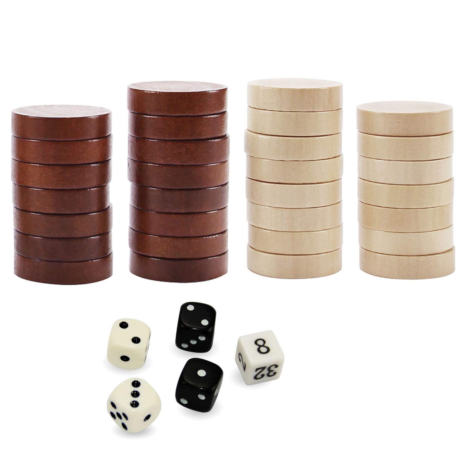 ASNEY Wooden Backgammon Pieces, Solid Wood Checker Pieces Set Board Game Table Chips and 5 Dices, Includes Storage Bag (1.34")