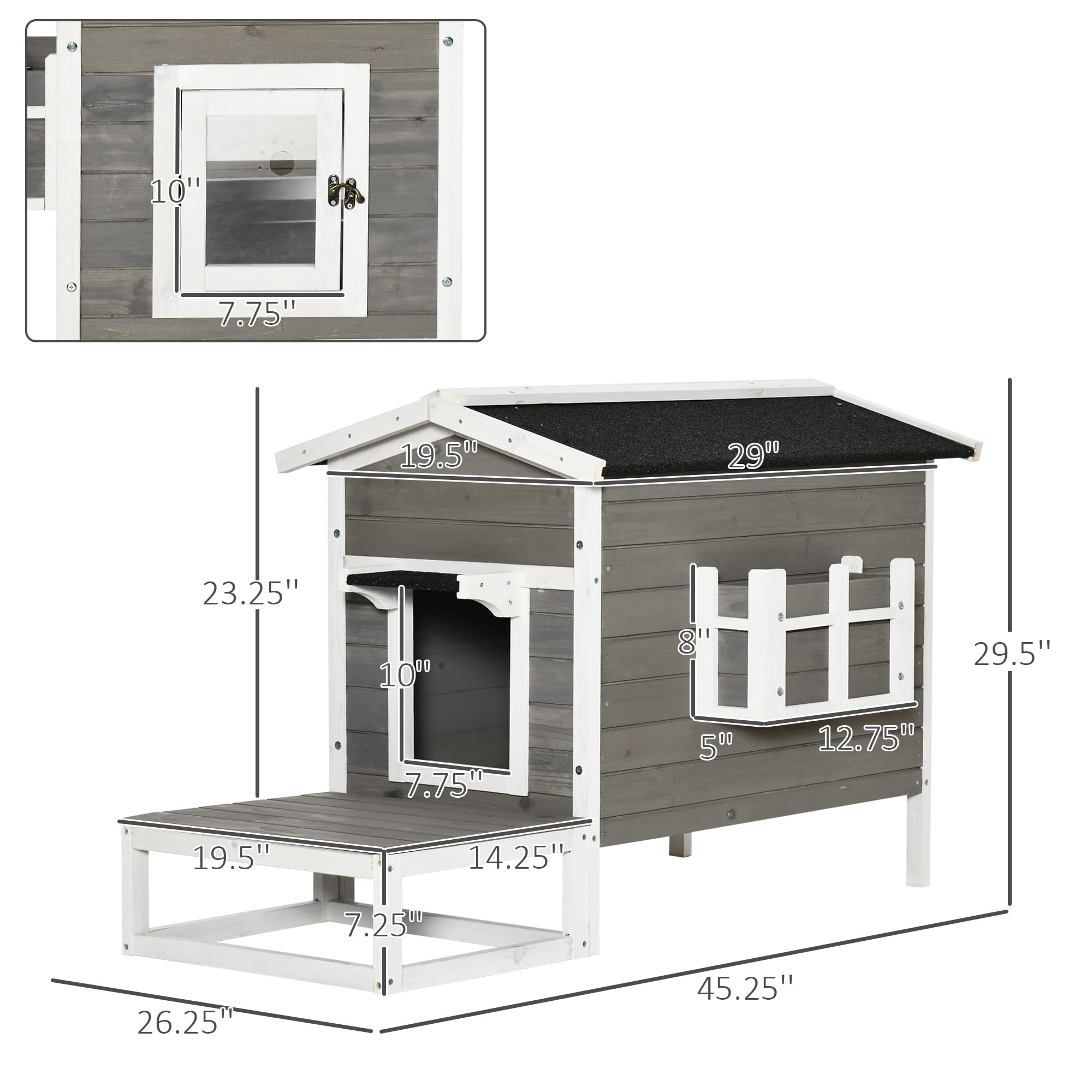 PawHut Wooden Cat House Outdoor with Door, Weatherproof 2-Floor Cat Shelter with Asphalt Roof, Balcony, Dark Gray