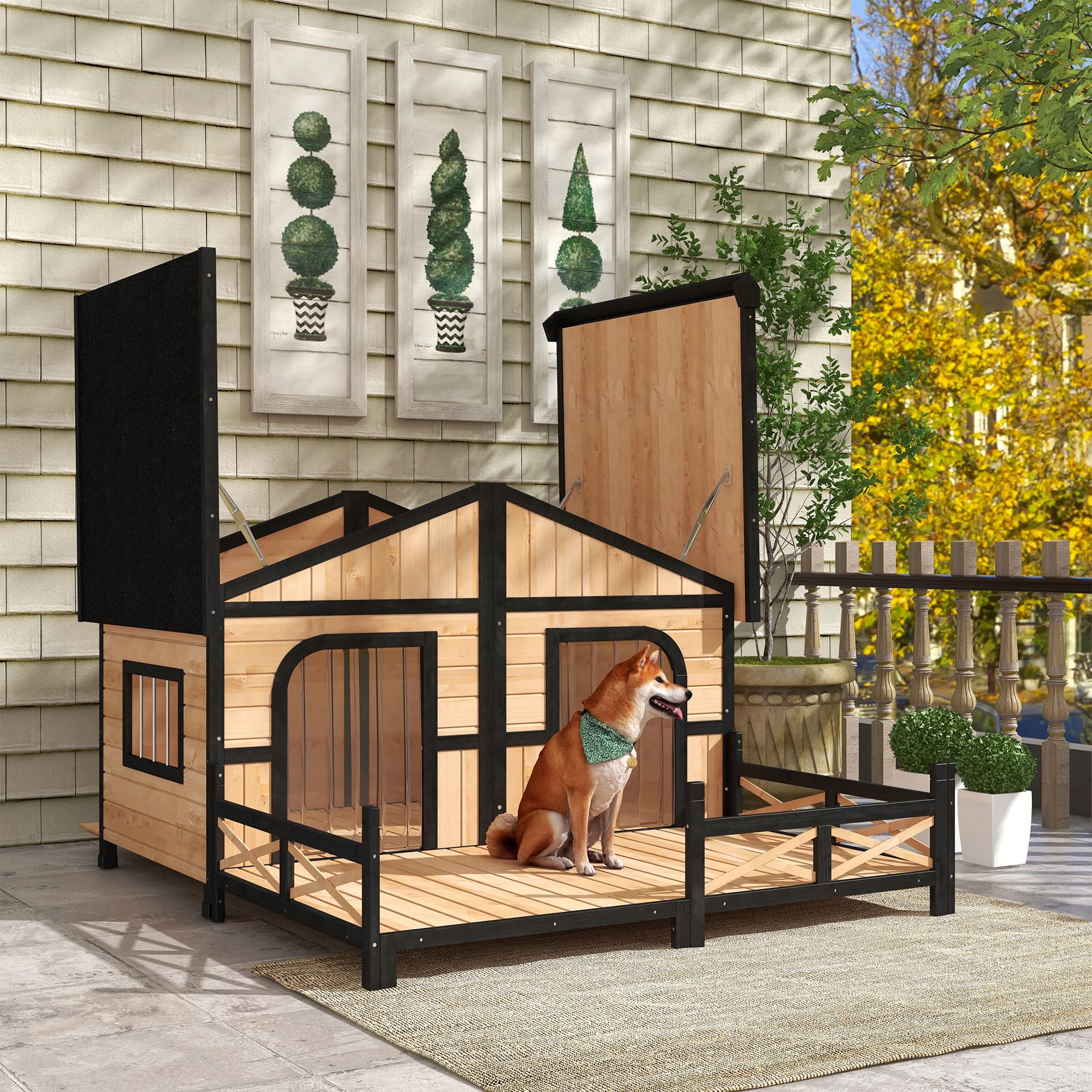 PawHut Wooden Large Dog House Outdoor Double XL Dog Kennel with Elevated Floor and Porch, Weatherproof Puppy Shelter for Small and Medium Breed Dogs, Natural