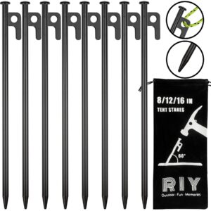 8 Pack Tent Stakes Heavy Duty 12 inch Steel Tent Pegs for Camping Unbreakable and Inflexible