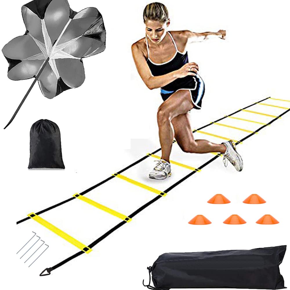 CANPPNY Speed Agility Training Kit—Includes Agility Ladder with Carrying Bag, 5 Disc Cones, Resistance Parachute.Use Equipment to Improve Footwork Any Sport.