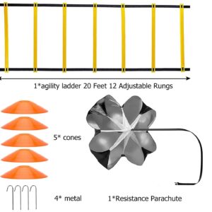 CANPPNY Speed Agility Training Kit—Includes Agility Ladder with Carrying Bag, 5 Disc Cones, Resistance Parachute.Use Equipment to Improve Footwork Any Sport.