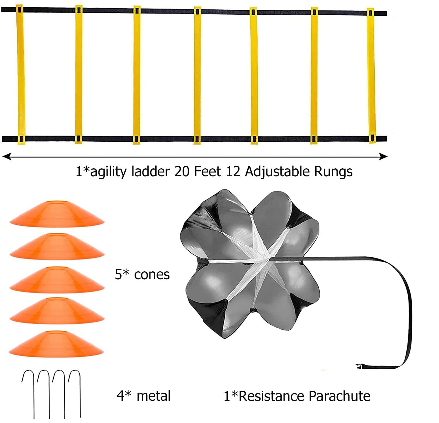 CANPPNY Speed Agility Training Kit—Includes Agility Ladder with Carrying Bag, 5 Disc Cones, Resistance Parachute.Use Equipment to Improve Footwork Any Sport.
