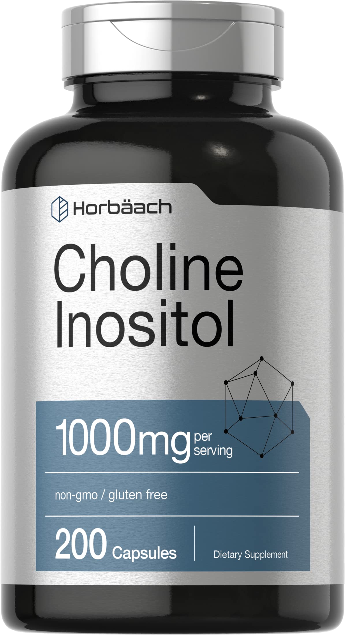 Horbaach Choline Inositol 1000mg Supplement | 200 Capsules | Non-GMO, Gluten Free