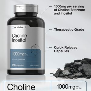 Horbaach Choline Inositol 1000mg Supplement | 200 Capsules | Non-GMO, Gluten Free