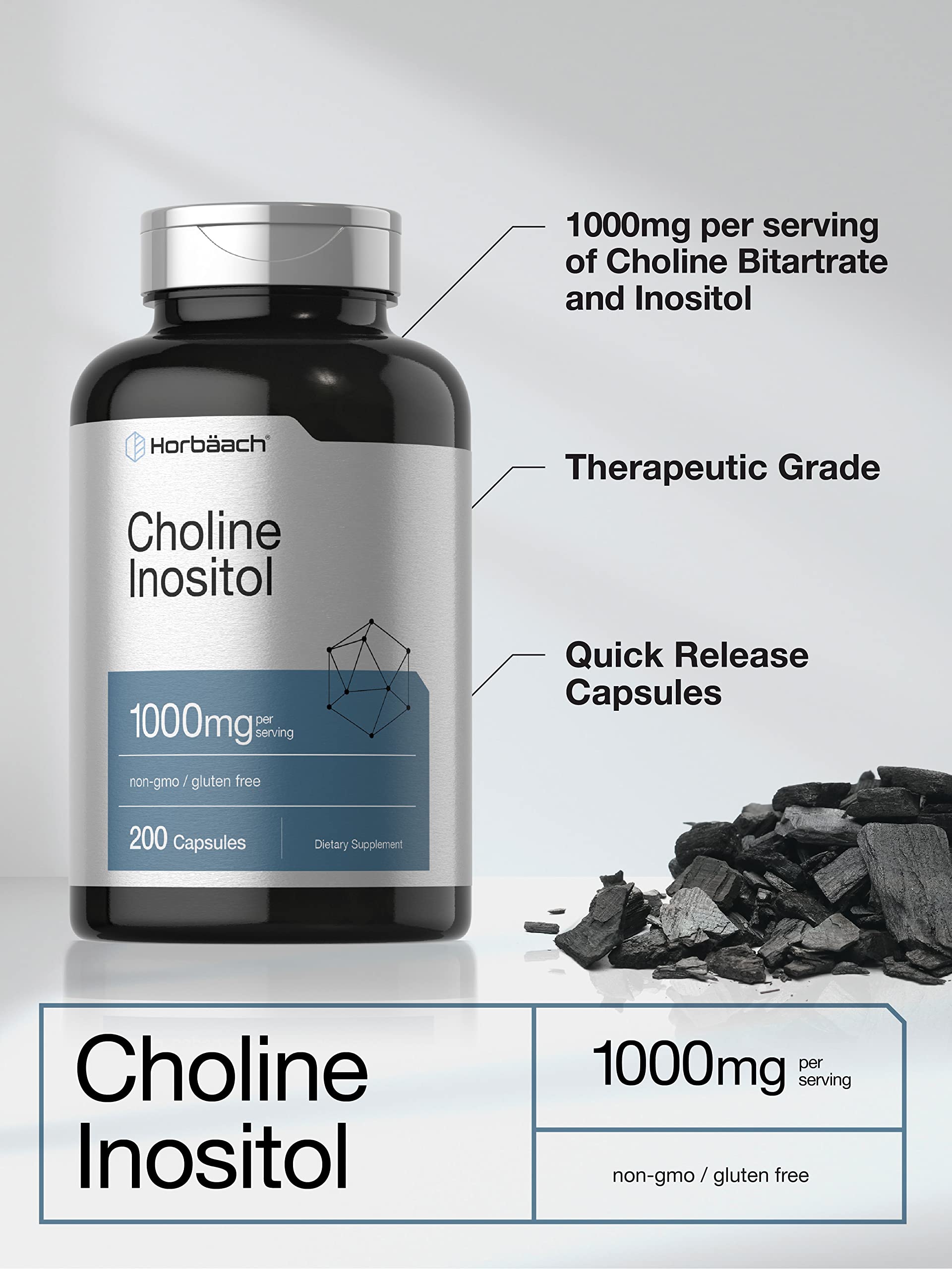 Horbaach Choline Inositol 1000mg Supplement | 200 Capsules | Non-GMO, Gluten Free