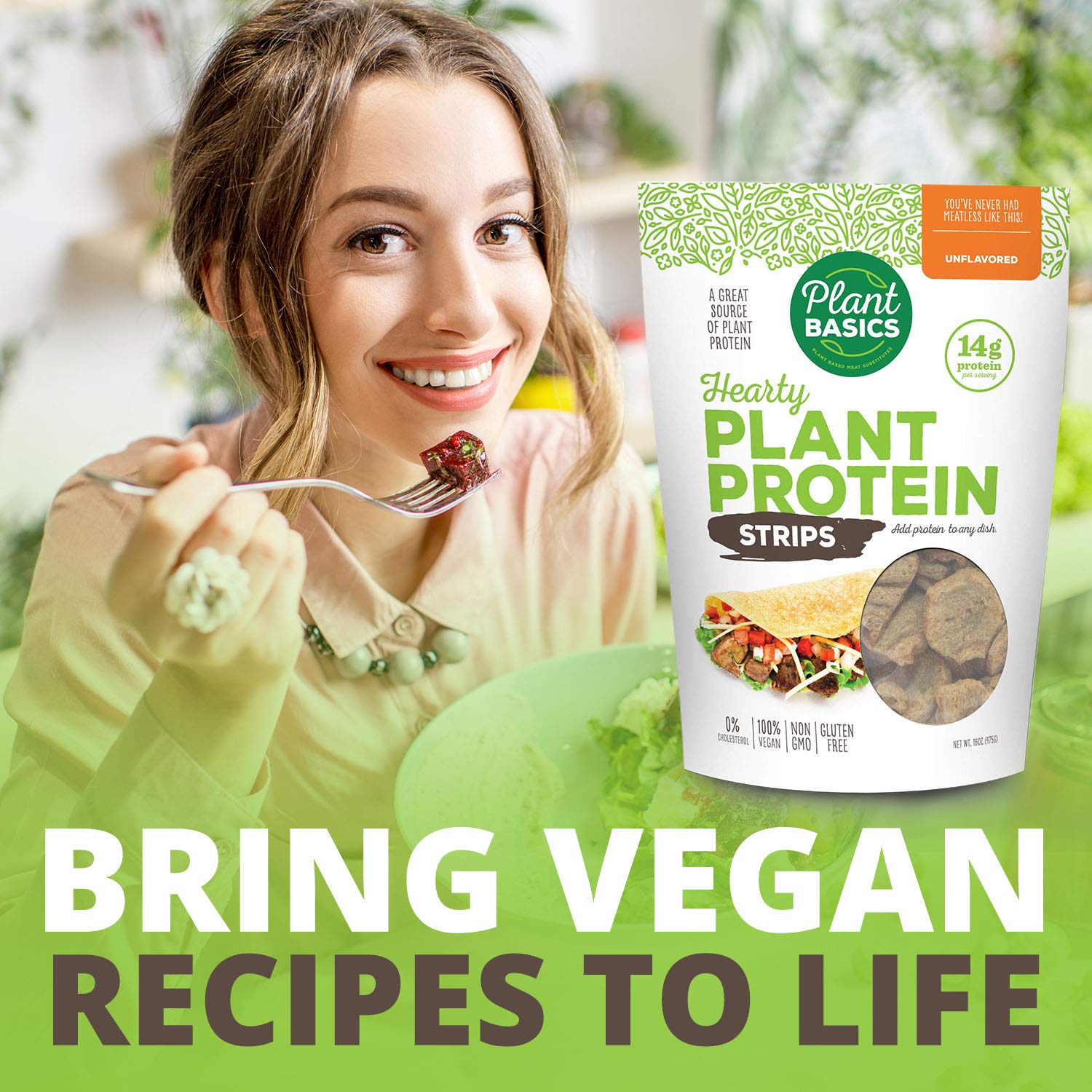 Plant Basics - Hearty Plant Protein - Unflavored Strips, 1 lb, Non-GMO, Gluten Free, Low Fat, Low Sodium, Vegan, Meat Substitute