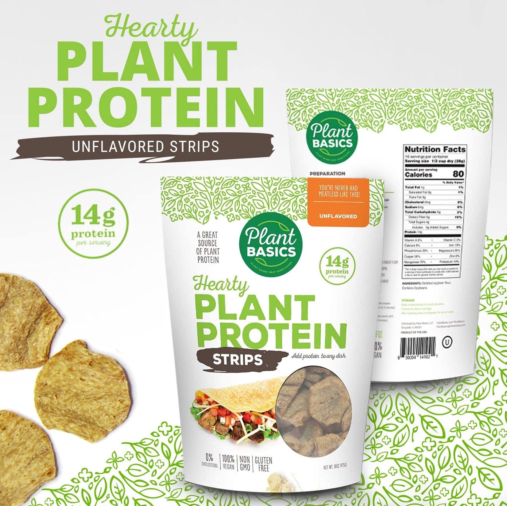 Plant Basics - Hearty Plant Protein - Unflavored Strips, 1 lb, Non-GMO, Gluten Free, Low Fat, Low Sodium, Vegan, Meat Substitute