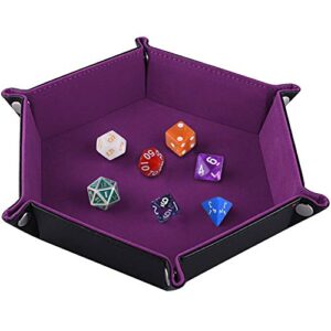 siquk double sided dice tray, folding hexagon pu leather and velvet dice holder for dungeons and dragons rpg dice gaming d&d and other table games, dark violet