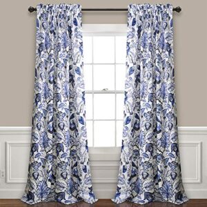 Lush Decor, Blue Cynthia Jacobean Darkening Window Curtains Set for Living, Dining Room, Bedroom, 108" L Panel Pair