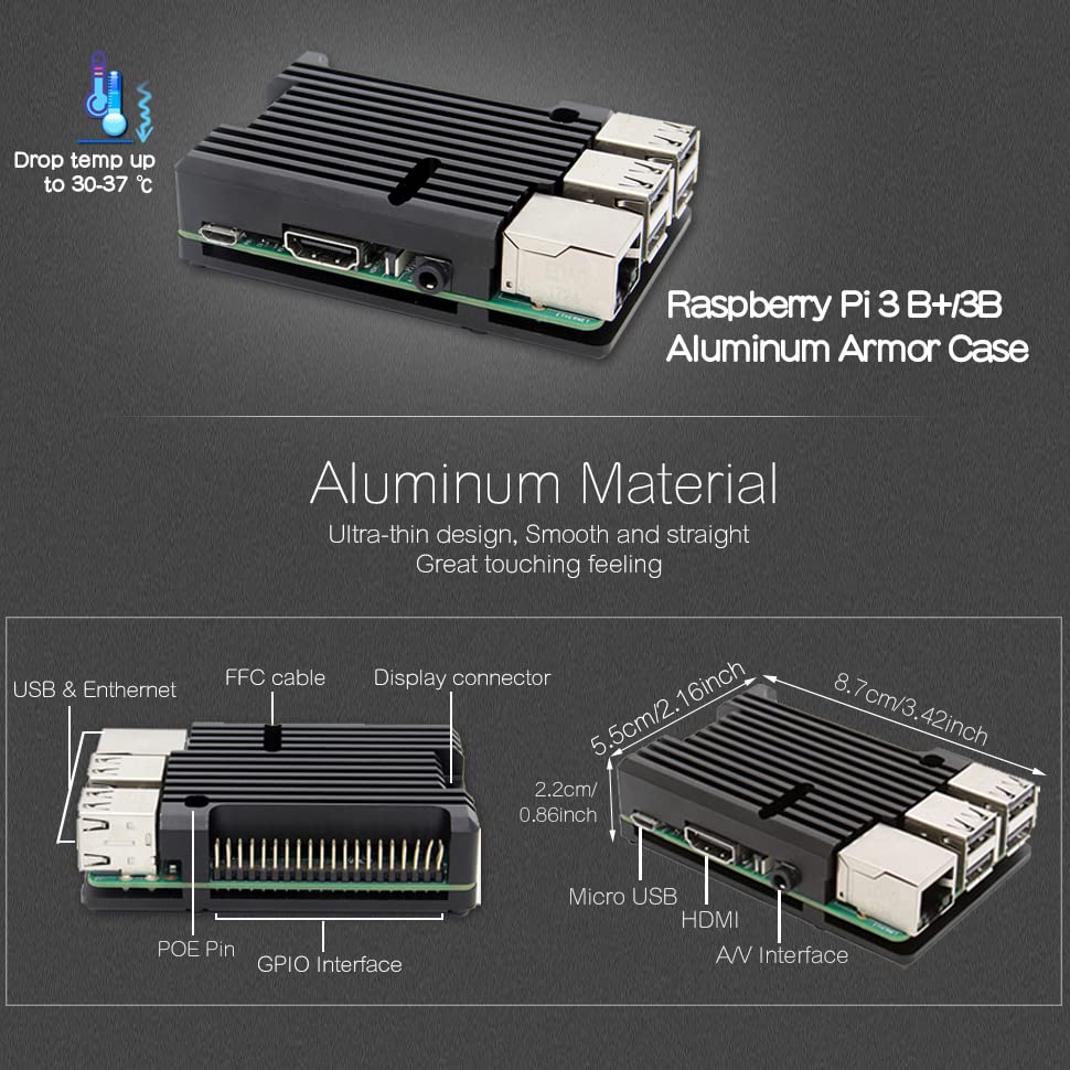 Armor Case for Raspberry Pi 3B+/3B, Aluminum Alloy Metal Case with Passive Cooling/Shell Heat Dissipation Compatible with Raspberry Pi 3 Model B+/3B