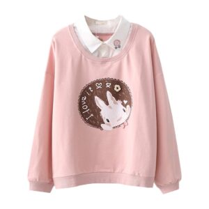 packitcute teens pink sweatshirt, spring autumn cotton patchwork pullover bunny print thin tops (pink)