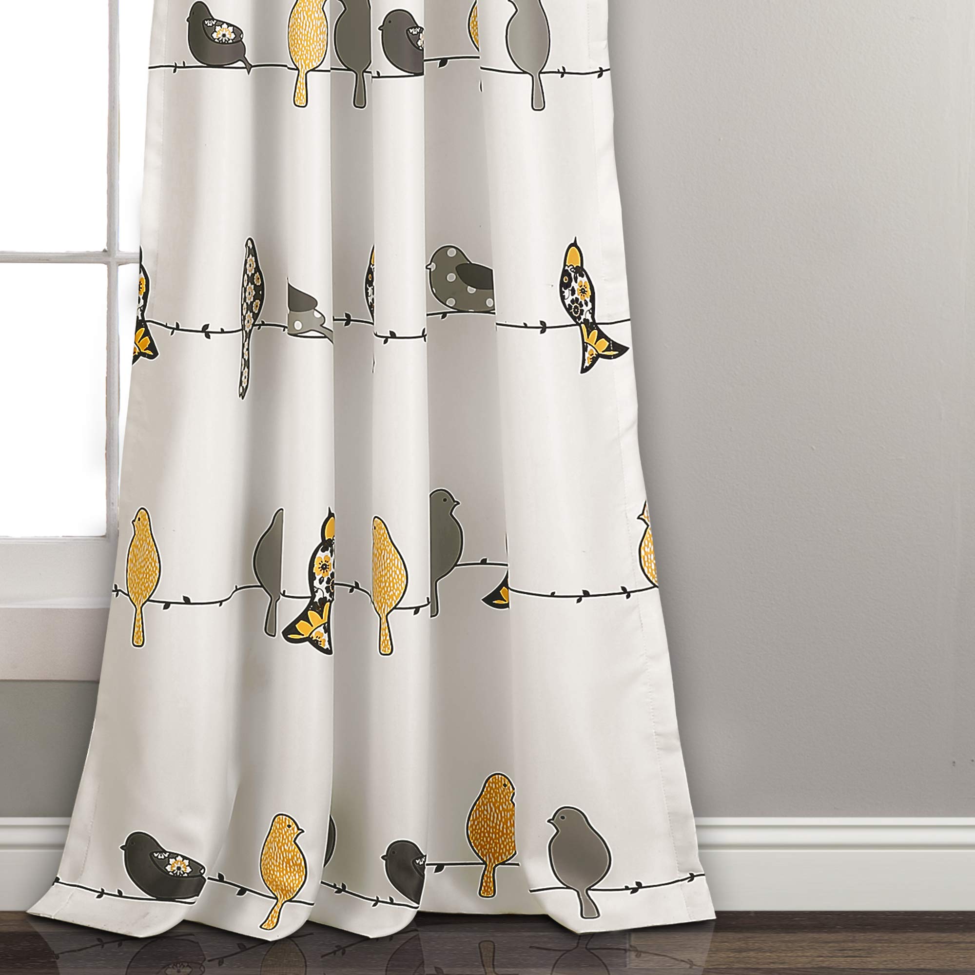 Lush Decor Rowley Birds Light Filtering Window Curtain Panels, Pair, 52" W x 95" L, Yellow & Gray - Colorful Floral Print - Whimsical & Playful Bird Curtains For Bedroom, Living Room, Or Dining Room