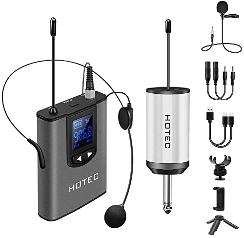 HOTEC UHF Wireless Headset Microphone/Lavalier Lapel Mic with Bodypack Transmitter and Mini Rechargeable Receiver 1/4" Output for Vlogging or Speech