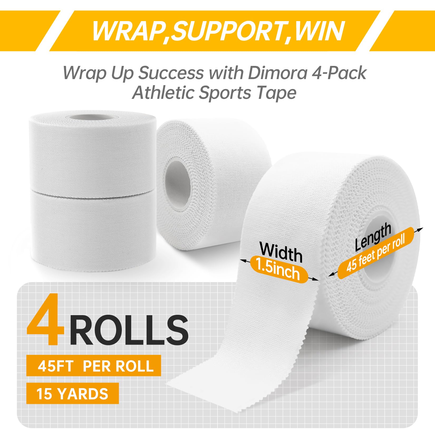 Dimora White Athletic Tape 4-Pack - 60 Yards Strong Adhesive Sports Tape in Total, NO Sticky Residue Easy Tear, Best Sport Tape for Athletes & Fitness Enthusiasts of All Levels (1.5in X 45ft Roll)