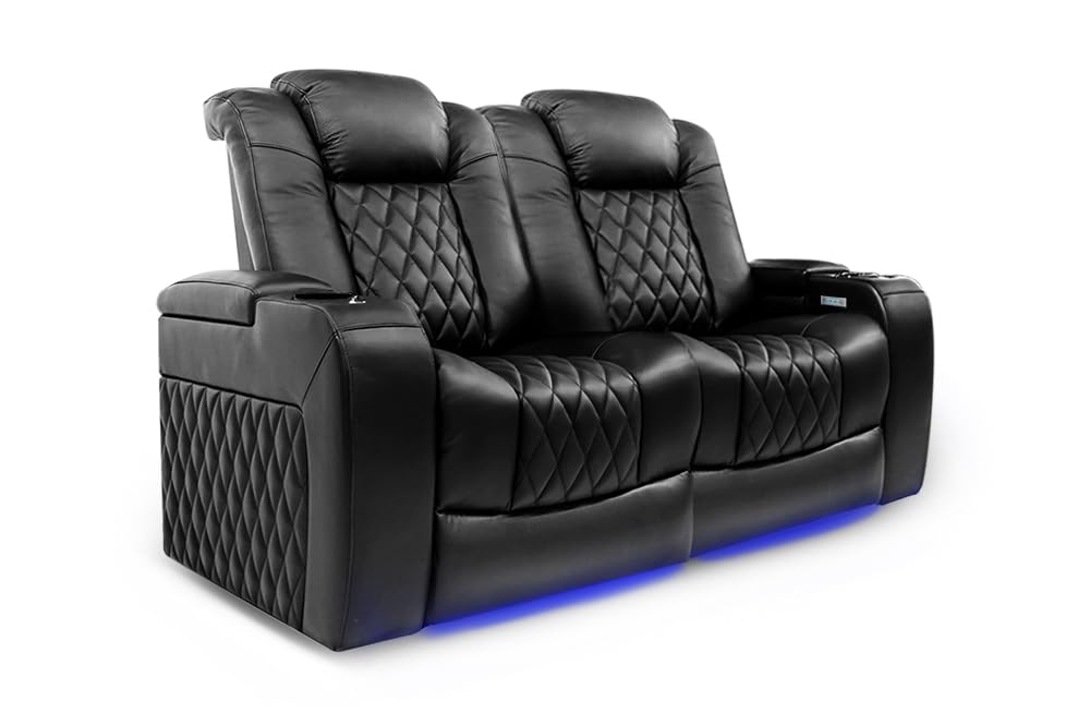 Valencia Tuscany Home Theater Seating | Premium Top Grain Italian Nappa 11000 Leather, Power Reclining, Power Lumbar Support, Power Headrest (Row of 2 Loveseat, Black)