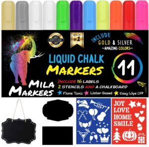 mila 11 multicolored liquid chalk markers | includes mini chalkboard, 16 labels & 2 stencils | erasable, non-toxic, water-based | 6 mm reversible tip | on glass, blackboards & more | for kids & adults