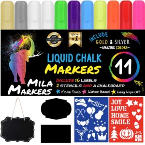 Mila 11 Multicolored Liquid Chalk Markers | Includes Mini Chalkboard, 16 Labels & 2 Stencils | Erasable, Non-Toxic, Water-Based | 6 mm Reversible Tip | On Glass, Blackboards & More | For Kids & Adults